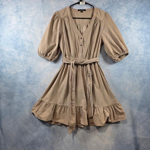 Velvet Heart Dresses & Skirts - Velvet Heart Tan Corduroy Puff Sleeve Mini Dress V-Neck Ruffle‎ Hem Small